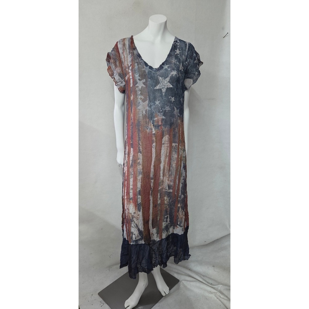 Cal Style USA Maxi Dress Womens 2XL Blue Red American Flag Rhinestone D1458E